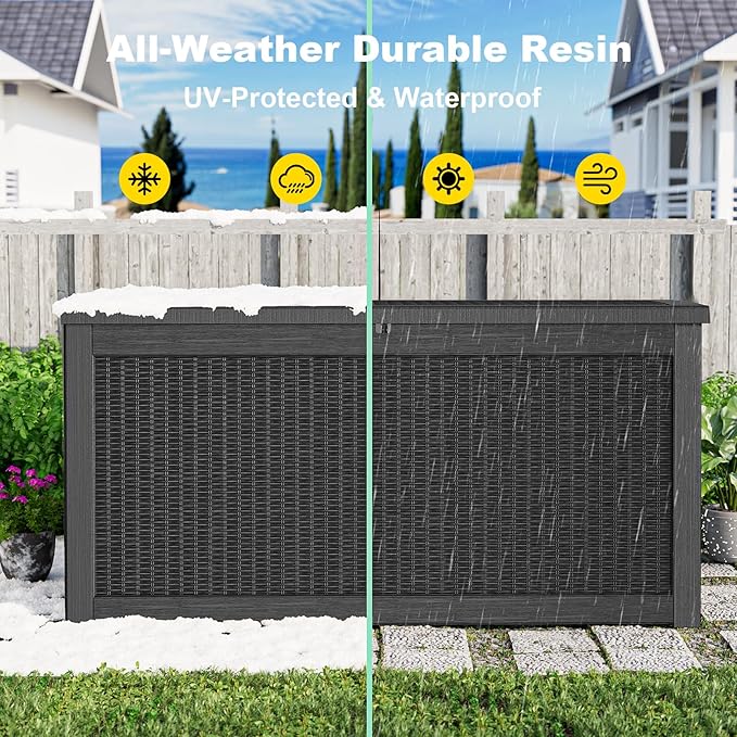 320 Gallon Large Deck Box,Resin Outdoor Storage Box with Lockable for Patio Furniture, Pool Accessories, Garden Tools Waterproof Outside Storage Box, Black