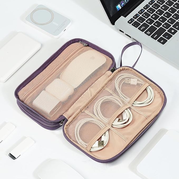 NISHEL Travel Cord Organizer Case, Double Layers Tech Electronic Bag, Essentials for Charger, Cable, Phone, Flash drive, Medium, Purple