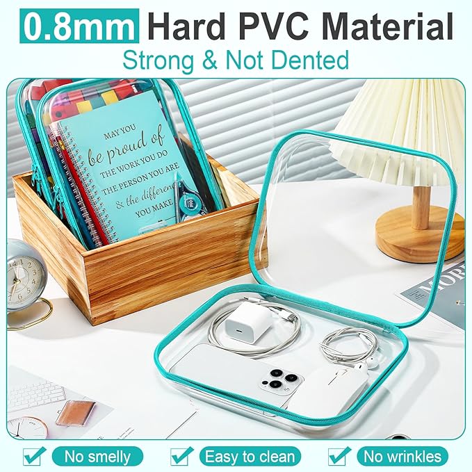 Sanwuta 6 Pcs Clear Hard Zipper Case Hard Plastic Zipper Pouches Transparent Makeup Bag Pencil Pouches for Travel Snacks Christmas Trinket Storage Organizer Box(Teal,9.84 x 7.87 x 2 Inch)