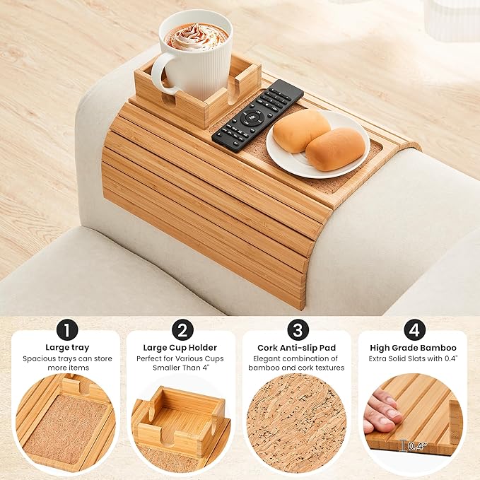 Bamboo Couch Cup Holder, Foldable Sofa Arm Tray, Anti-Slip Couch Aremrest Tray Table for Drink, Cup, Remote, Snacks, Cellphone, Portable, Bamboo/Cork Color