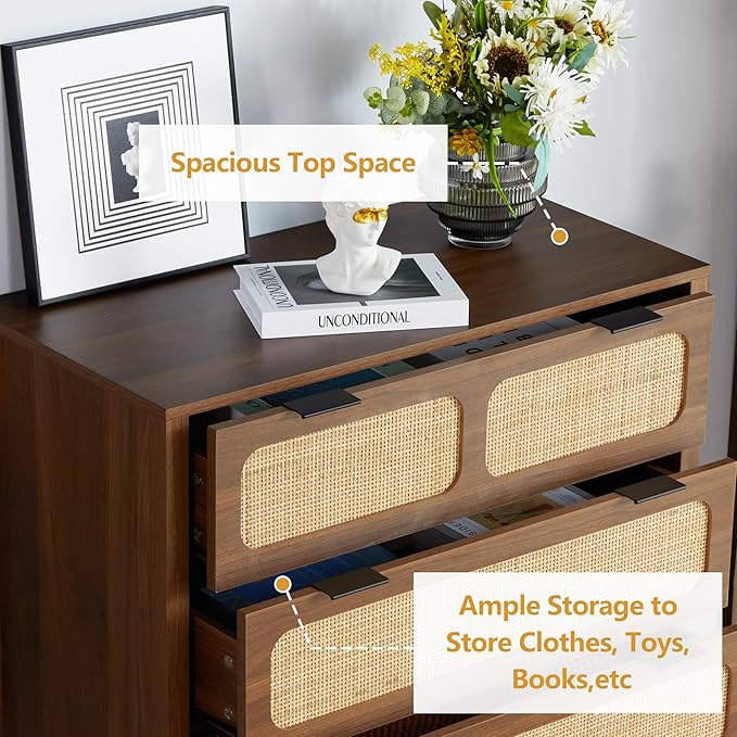 5 Drawer Dresser with Rattan Finish, Modern Farmhouse Chest of Drawers with Metal Handles, Accent Wood Storage Cabinet for Bedroom, Living Room (Walnut)