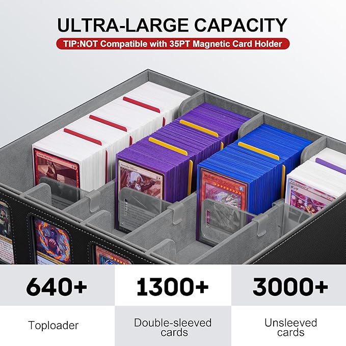 Trading Card Storage Box with Portable Handle, 3000+ MTG Storage Box with 4 Card Stoppers Commander Display Deck Box Card Case Top Loaders MTG TCG Sports Cards Commander Deck Box(Black&gray)
