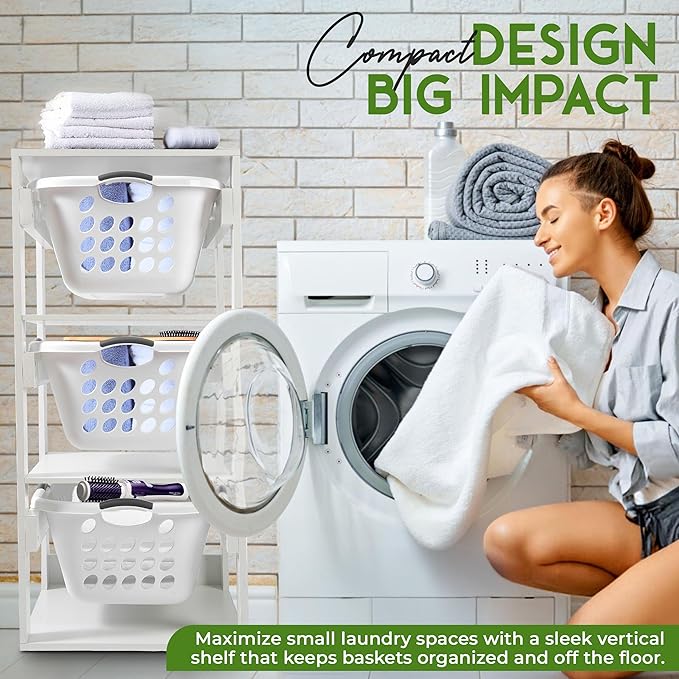 Laundry Basket Holder Shelf – Stackable Engineered Wood Laundry Tower, Tiered Hamper Organizer for Bathroom, Bedroom, Closet (White, 3 Tier)