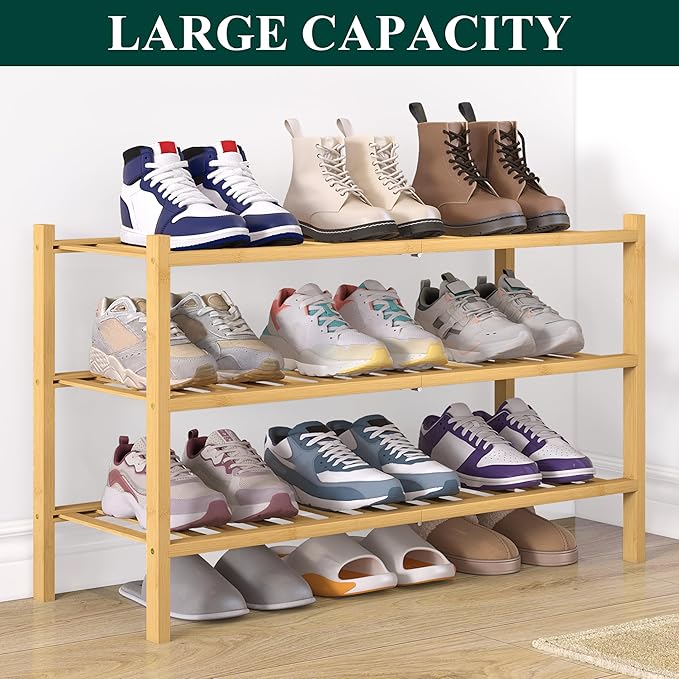 Smiry Bamboo Shoe Rack for Closet, 3 Tier Wooden Stackable Shoe Organizer, Free Standing Shoes Storage Shelf for Entryway, Front Door Entrance, Natural & Black