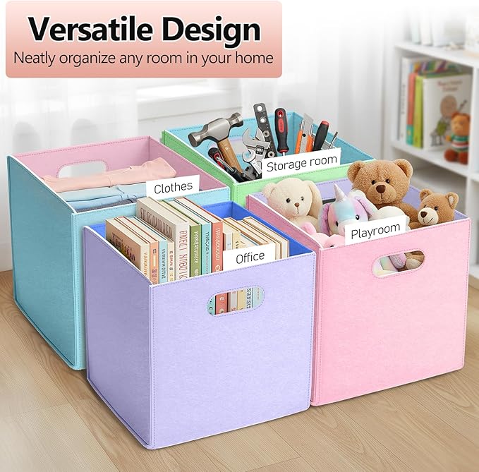 6 Pcs 11 Inch Colorful Felt Storage Cubes with Handle, Collapsible Fabric Storage Cubes Toy Bins Foldable Baskets for Nursery, Playroom, Kids Room, Toys, Books, Clothes(Macaron)
