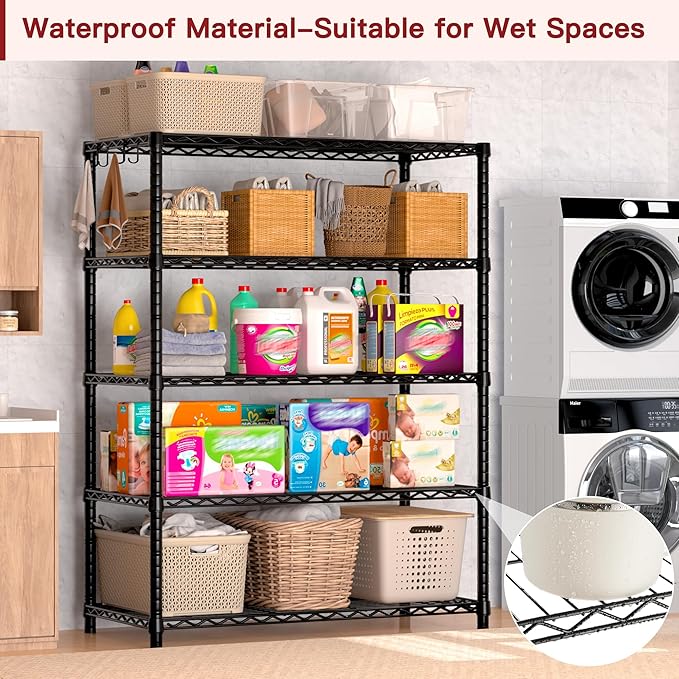 PrimeZone Wire Metal Storage Shelves - 5 Tier Adjustable NSF Certified Heavy Duty Garage Shelving Unit Organizer Rack, Steel Utility Shelf for Kitchen, Pantry, 35.5" W x 14" D x 72" H, Black, 4 Packs