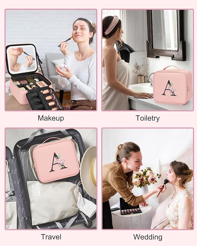 Relavel Initial Makeup Bag with LED Mirror for Women Girls, Personalized Travel Cosmetic Organizer Train Case, Birthday Gifts for Grandkids Bridesmaid Graduation Teacher Friends, Trendy Stuff, Pink T