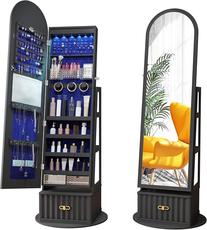 63" Full Length Mirror Jewelry Cabinet with Storage – Rotating, Lockable Jewelry Armoire with Velvet Lining, Standing Organizer for Women – Ideal Gift for Jewelry Storage & Display, Black