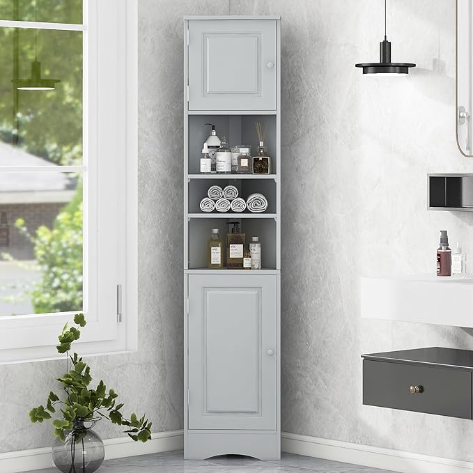 66.9" Tall Corner Bathroom Cabinet with Doors, Freestanding Triangle Storage Cabinet with Adjustable Shelves & Open Shelf, Water-Resistant MDF, Space-Saving Organizer with Anti-Tip Device, Grey