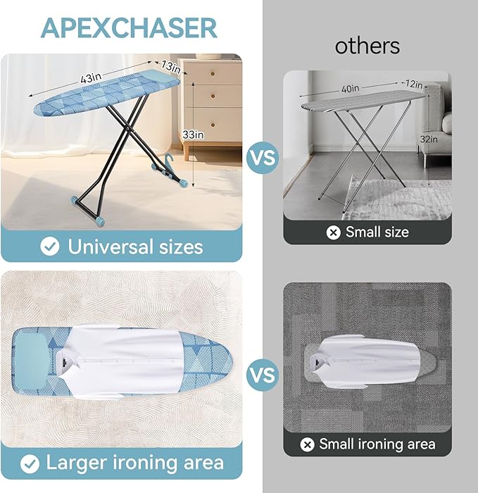 APEXCHASER Ironing Board with Iron Rest, Compact and Space Saver Iron Board, Extra Thick Cover, Height Adjustable, Wall Mount & Closet Hanger 13x43 Blue