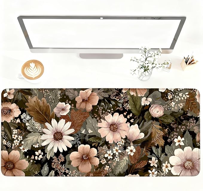Vintage Beige Floral Mouse Pad – Large Extended Desk Mat 35.43 x 15.75 in – Neutral Retro Botanical Design, Non-Slip Rubber Base, Waterproof Surface, Oversized Keyboard & Mouse Pad for Office or Home
