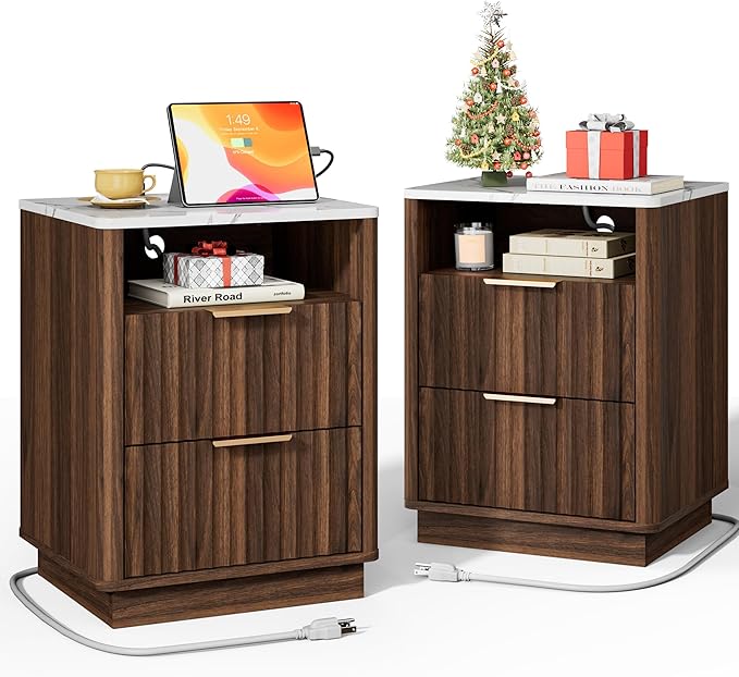 Fluted Night Stand Set of 2 with Charging Station, 18" Modern Nightstand with Faux Marble Top, 2 Drawers End Table with Storage, Bedside Table for Bedroom Living Room,Curved Profile(Walnut)