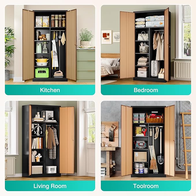 Wide & Deep Metal Storage Cabinet with Hanging Rod,Broom Closet Storage Cabinet with Lock,72" Tall Wardrobe Cabinets with Doors and Shelves,Locking Steel Tool Cabinets for Home,Office,Garage