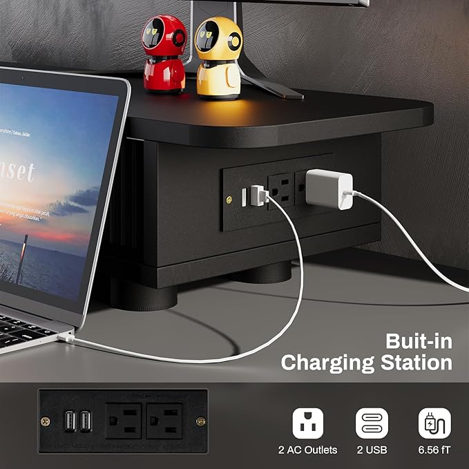 Artswish Adjustable Monitor Riser Stand with Power Outlet & Light Strip, Expand to 45 Inch, Computer Desk Shelf with Sliding Door, Desk Organization for Office, Gaming Room, with Storage, Black