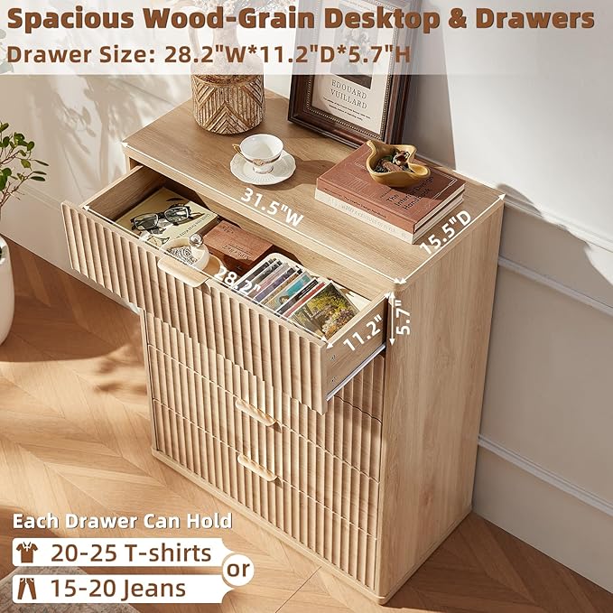 LEYAOYAO Fluted 5 Drawers Dresser for Bedroom, 41" Tall Modern Chest of Drawers with Metal Handle for Bedroom, Living Room, Hallway, Entryway