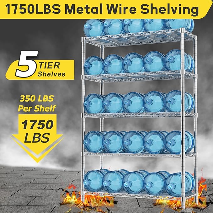Storage Shelves, 2 PCS 36" L x 14" W x 72" H Heavy Duty Garage Wire Shelving Unit Loads 1750LBS, 5-Tier Adjustable Metal Industrial Utility Shelf Rack for Kitchen, Laundry Room, Basement