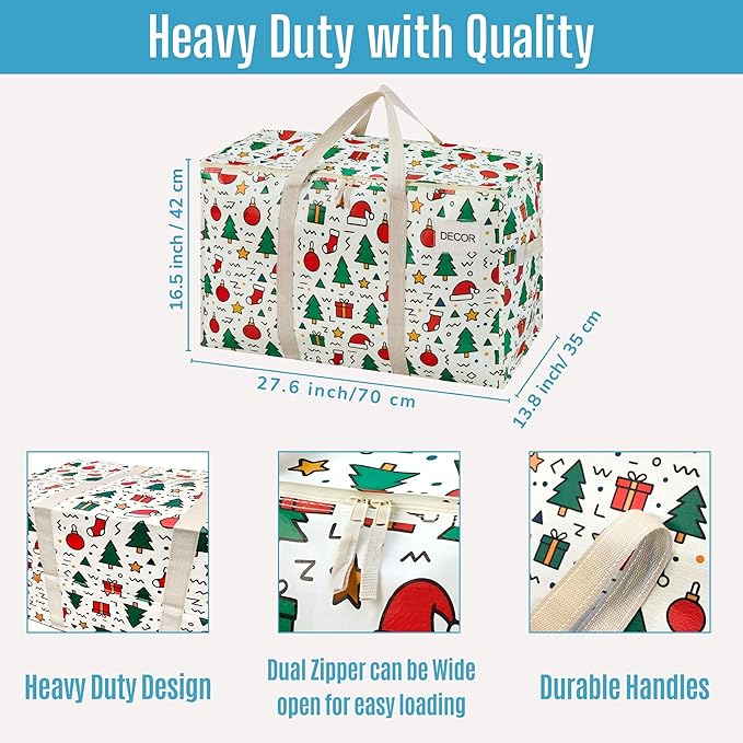 VENO 2 Pack Moving Bags and Large Christmas Storage Bins with lids. Alternative to Moving Boxes, Packing Supplies for College. Extra Large Heavy Duty Totes for Packaging (Jingle Mix, 2 Pack)