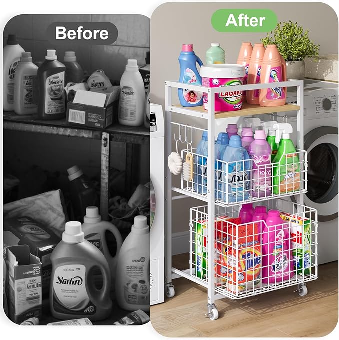 3 Tier Laundry Room Cart with Pull-Out Baskets, Utility Cart Rolling Storage Cart with Wheels Bathroom Organizers Storage Shelf with Wood Top Laundry Room Organization and Storage, White