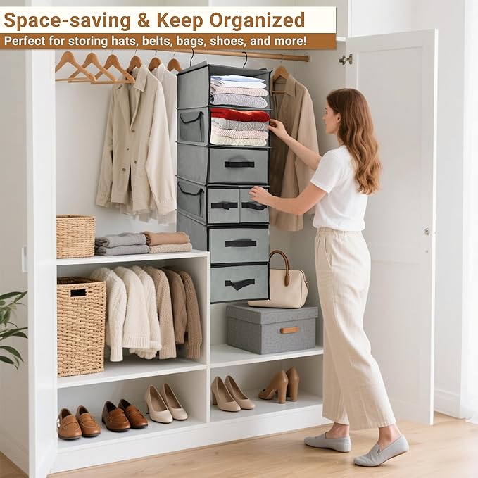 6-Tier Hanging Shelves with 5 Drawers & 3 Side Pocket,Durable Fabric Hanging Closet Organizer Holder with Sturdy Hook,Space-saving Storage Organization for Bedroom,Dorm,Guestroom,RV,Bathroom