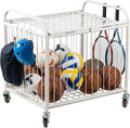 MyGift Large Capacity Metal Rolling Multi Sports Ball Cage Storage Hopper, Gym Equipment Basket Cart with Lockable Latch, Heavy Duty Caster Wheels, and 8 Accessory Hooks