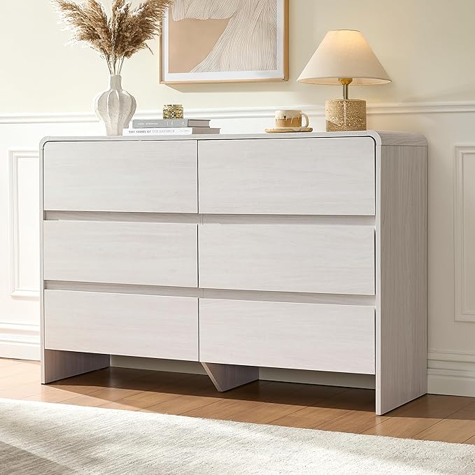 AMERLIFE 6 Drawer Dresser for Bedroom, 49" Long Modern Chest of Storage Drawers with Rounded Corners, Anti-Tip Kit, Wood Cabinet Organizer for Closet, Living Room, Nursery, Easy Assembly, White