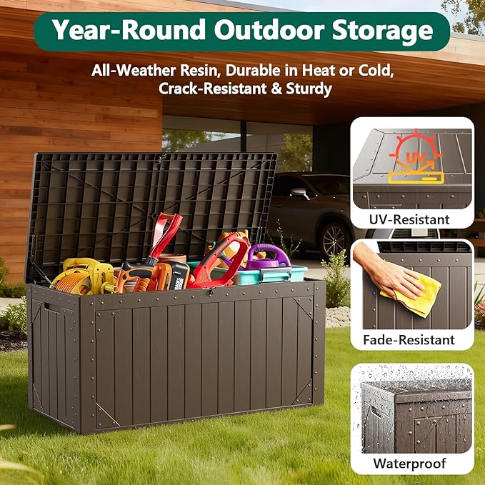 Outdoor Storage Box, 100 Gallon Deck Box Outdoor Storage Bench Outside Waterproof Resin Storage Bench, Lockable Patio Cushions, Garden Tools Storage For Furniture, UV Resistant(Brown)