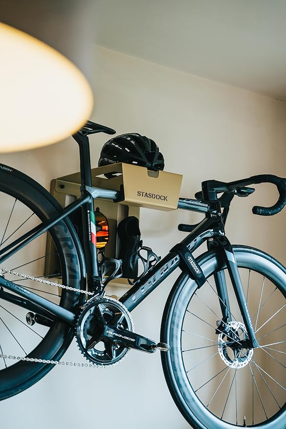 Stasdock Wall Bike Rack | Bike Storage Wall Mount System | For Race Bicycles (New Gold) and Mountain Bikes | Bike Shelf | Indoor bike wall bracket | Store your helmet and shoes | Home and Garage