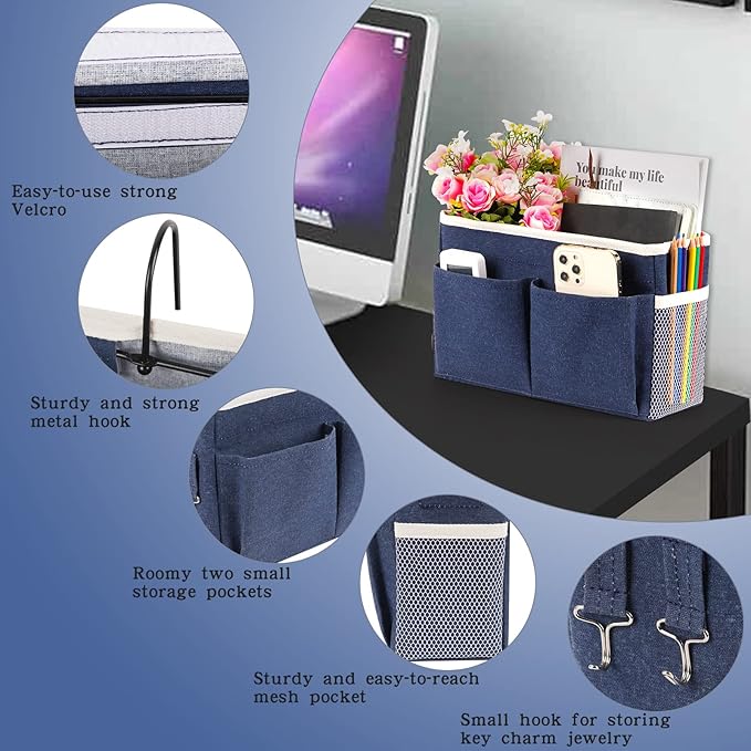 Bedside Caddy Bedside Storage Organizer Hanging Bunk Bed Dorm Room with Side Pockets for Water Bottles, Books, Cell Phones, Headphones (Dark Blue)