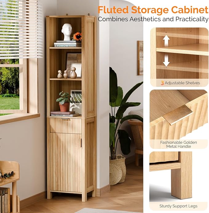 VINGLI Narrow Fluted Bathroom Floor Skinny Storage Cabinet with 1 Fluted Door&Drawer,68" Tall Narrow12 Inch Deep Slim Bathroom Storage Cabinet for Small Space w/3 Adjustable Shelves,Natural Oak Color