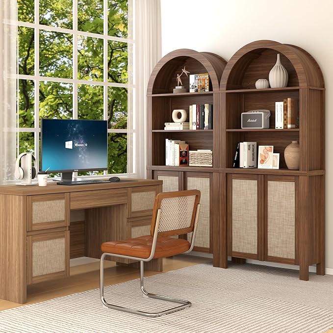 Yechen Arched Bookcase, 70.5" Tall Bookcase with Storage, Mid-Century Modern 5 Tier Bookshelves with Door, Boho Rattan Bookshelf for Living Room Kitchen Office Bedroom Library, Dark Walnut,3 PCS