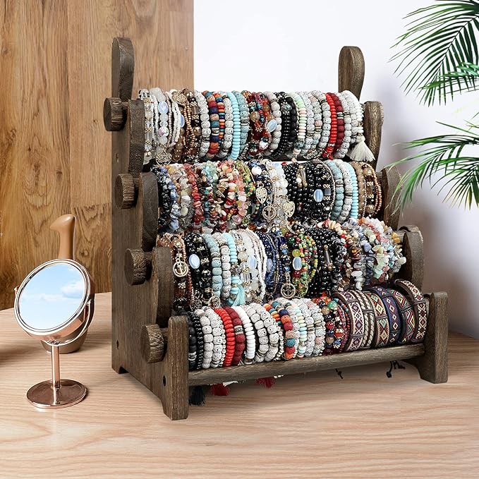 TOPNEW 4 Tier Wooden Bracelet Holder, Scrunchie Bangle Watch Necklace Display Storage Jewelry Holder Stand Display Organizer, Brown