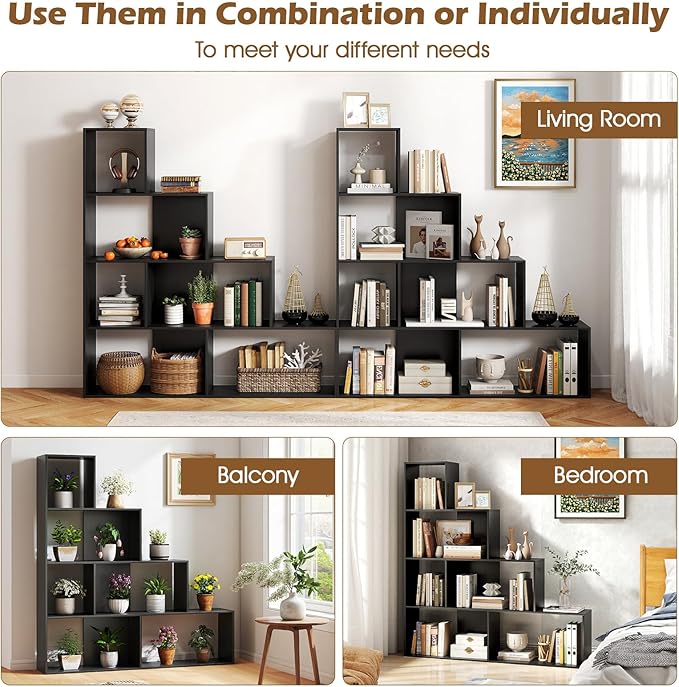 Tangkula 4-Tier Stepped Bookshelf, Freestanding 6 Cubes Ladder Bookcase with Anti-Tipping Kits, 64" Tall Modern Wooden Storage Display Rack for Home Office Living Room Study (1, Black)