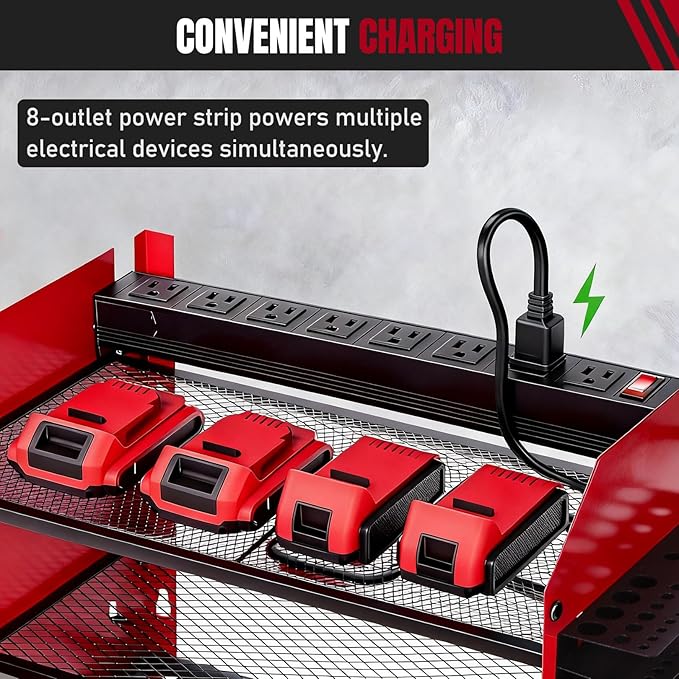 Modular Power Tool Organizer Wall Mount with Charging Station, 4-Layer Heavy Duty Drill Holder Rack & 8-Outlet Power Strip for Garage Workshop Storage