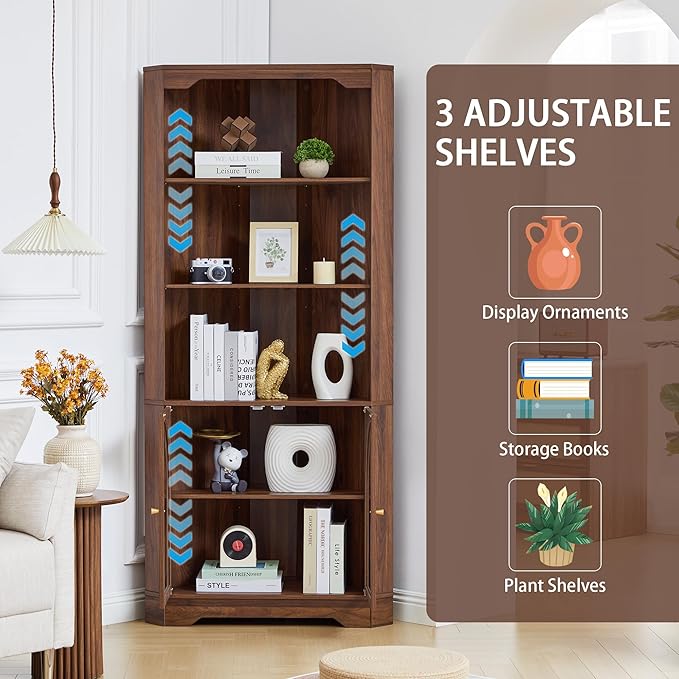 70" H Tall Coner Cabinet with Door & Adjustable Shelves, Mid-Century Farmhouse Wood Storage Cabinet, Home Pantry Hutch for Kitchen, Dining Living Room, Bathroom, Antique Dispaly (Walnut)