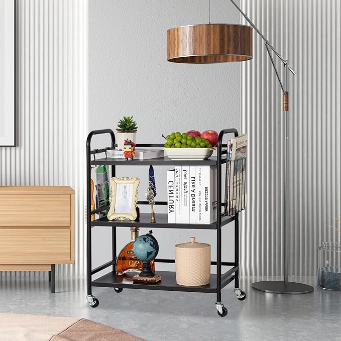 HDANI 3 Tier Metal Rolling Utility Cart,High Capacity Multi Purpose Heavy Duty Cart for Office,Kitchen,Living Room,Bedroom,Black