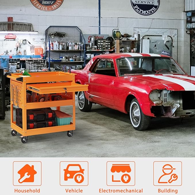 3 Tier Rolling Tool Cart with Drawers, Heavy Duty Utility Cart on Wheels, Large Storage Capability Service Cart for Garage, Warehouse and Repair Shop (Orange)
