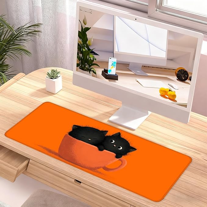 Large Cute Black Cat Mouse Pad, Extended Desk Mat with Non-Slip Base – 31.5 x 11.8 in – Cartoon Kittens in Orange Cup Design, Stitched Edges, Waterproof Gaming Keyboard Pad for Office & Home