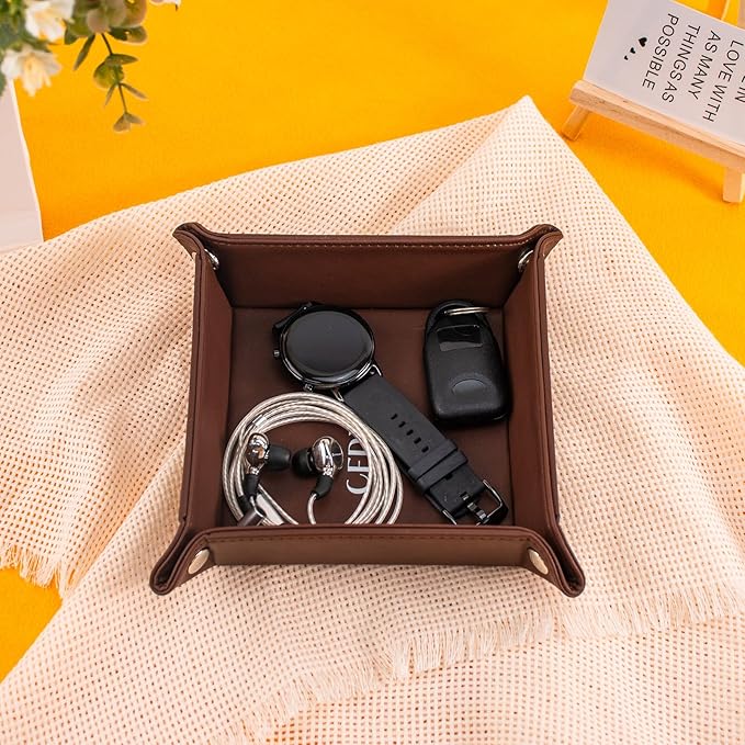 PU Leather Valet Tray for Mens and Women Catchall Tray for Keys,Watch,Jewelry Small Nightstand Bedside and Entry Table Tray Gift for Dad Husband (Brown)