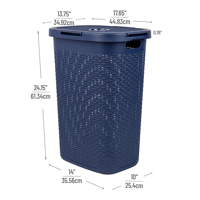 Mind Reader Slim Laundry Hamper with Lid, 60L Clothes Basket, Premium Wicker Design, Plastic, Navy