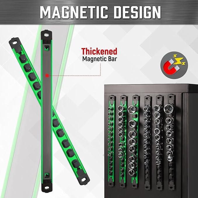 ALOANES 3-Piece Magnetic Socket Organizer, Heavy Duty Aluminum Socket Rails Organizer, 360° Swivel Clips Socket Holder Kit for Tool Box, 1/2-Inch Socket Holder x 36 Clips (Green)