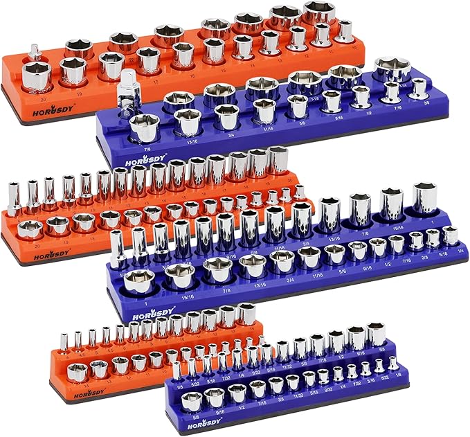 HORUSDY 6-Piece Magnetic Socket Organizer Set, 1/4", 3/8", 1/2" Drive Holders for 143pcs, Magnetic Trays for Socket Storage