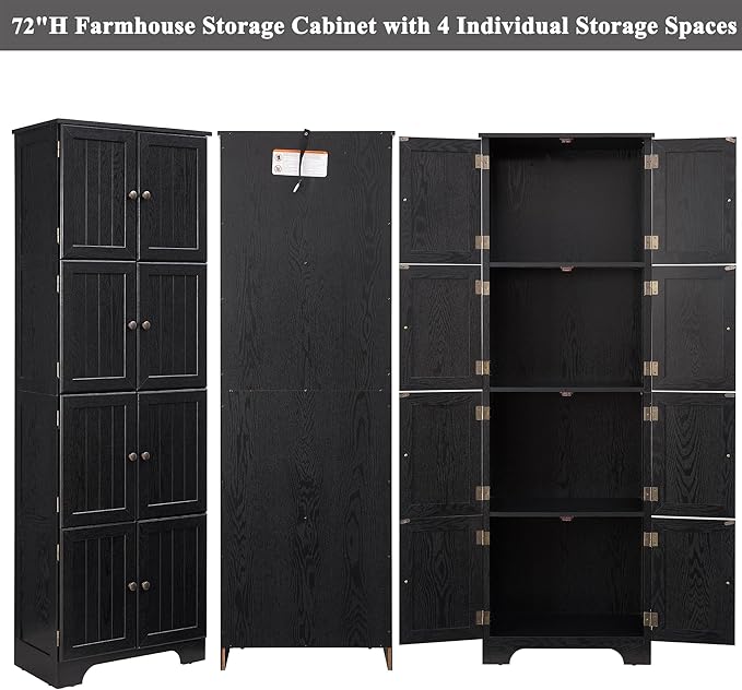 72" H Farmhouse Storage Cabinet, 4 Tier Kitchen Pantry Cabinet with 4 Shelves, 8 Doors Freestanding Floor Storage Cabinet Wooden Organizer Bookcase for Living Room & Kitchen (Black)