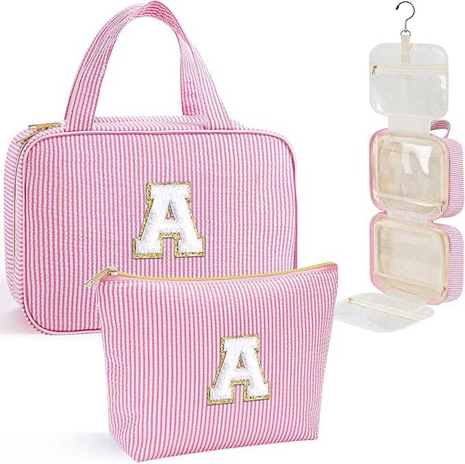 YOOLIFE Initial Hanging Toiletry Bag for Teen Girl - Christmas Gifts for 11 12 13 14 15 16 17 18 19 Year Old Girls, Travel Toiletry Bag Gifts for Mom Daughter Sister Friends, Letter A, Pink