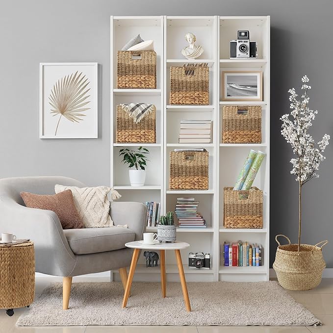 Casafield 13" x 13" Mixed Weave Storage Baskets, Natural - Set of 6 Woven Hyacinth Seagrass Wicker Storage Cube Bins for Bathroom, Bedroom, Laundry, Pantry, Shelves