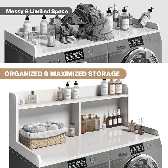 2-Tier Washer Dryer Countertop, 18.5" Raised Height Laundry Countertop with Edge Rails and Non-Slip Pad, 54"W x 27.55"D Washer and Dryer Topper for Laundry Room Storage Organization (White)