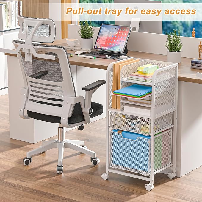 Rolling File Cart with 2 Drawers, White Rolling Cart with Drawers for Hanging File Folders, Letter-Size File Storage with Wheels, File Cabinet Organizer for Office and Home, White