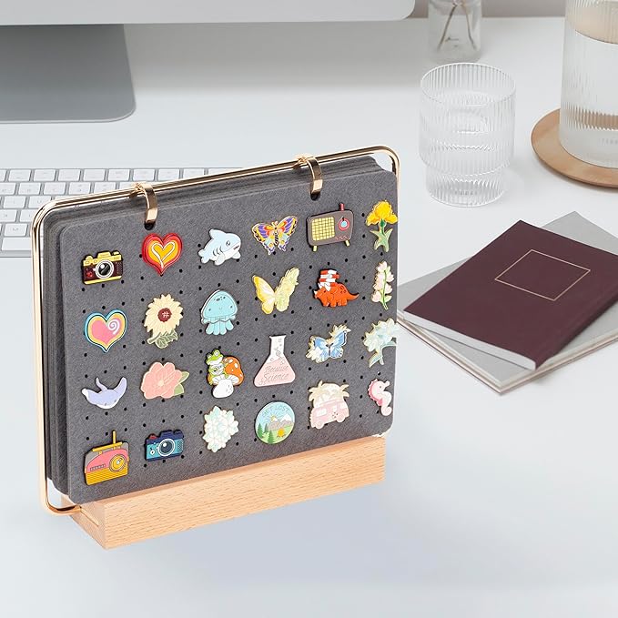 PACMAXI Display Organizers, Brooch Holder, Enamel Pin Pages for Store 180+ Pins, Collection Storage Calendar Wooden Stand With 6 Pages (Not Include Any Accessories) (Grey)