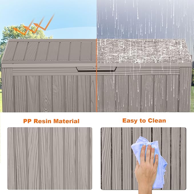 75 Gallon Resin Deck Box, Lockable Patio Outdoor Storage Box for Furniture, Garden Tools and Tools Storage, Waterproof Outside Storage Boxes - Grey