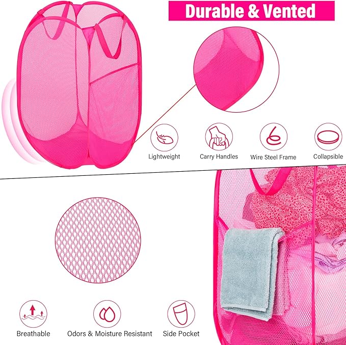 BATTOO Deluxe Strong Mesh Pop up Laundry Hamper Basket with Side Pocket for Laundry Room, Bathroom, Kids Room, College Dorm or Travel 2 Pack Blush