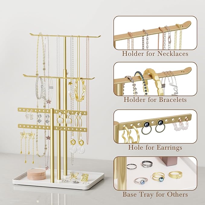 Jewelry Holder Organizer Stand - Adjustable Jewelry Tree 17.5" Height (Max), Jewlery Hanger for Necklaces, Bracelets, Earrings, Aesthetic for Storage and Display, Metal, Gold and White
